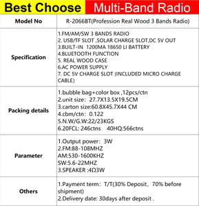 Đài Phát Thanh Có Thể Sạc Lại Bằng Gỗ Thật Nhiều Băng Tần R-2066BT Retro Với Liên Kết Không Dây, Usb, Máy Nghe Nhạc Mp3 Năng Lượng Mặt Trời Và Khe Cắm Đèn - Product Image 6