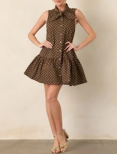 Brown Polka Dot <b>Sleeveless</b> A-Line Mini <b>Dress</b> With Tie Neck And Ruffle Hem Casual <b>Summer</b> Woven Cotton <b>Dress</b> - Product Image 2