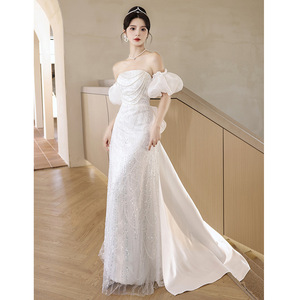 S0212N abito da sposa donna bianco di classe stile francese di lusso accessibile per il fidanzamento e gli eventi serali nuova vestizione - Product Image 1