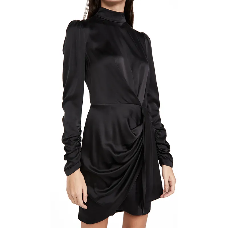 Custom Made High Neck Long Sleeves With Smocked Cuffs Black silk Wrap Dress Modest Satin dress