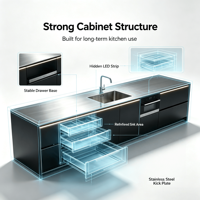 Meuble de cuisine modulaire en acier inoxydable 304 noir laqué mat sans poignée avec évier intégré, éclairage LED et four encastré linéaire