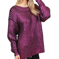 Pull métallisé à col rond classique surdimensionné à col côtelé Pull en tricot torsadé à reflets métalliques Pull en tricot métallisé épais