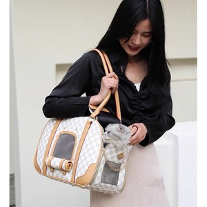 Bolsa de Transporte Portátil para Mascotas, Gatos y Perros Pequeños, Bolso de Viaje Clásico a Cuadros con Ventana de Malla Transpirable - Product Image 6