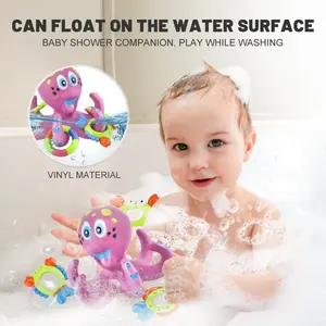 Zhorya mainan mandi interaktif karet, mainan mandi gurita mengambang ungu, gurita dengan cincin Hoopla