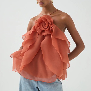 <span class=keywords><strong>Top</strong></span> <span class=keywords><strong>Halter</strong></span> con cordones y hombros descubiertos con estilo de verano con dobladillo con volantes Blusa sin mangas informal blanca de moda para chicas de moda - Product Image 1