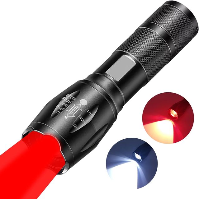 18650 Rechargeable 2 in 1 Red and White LED Flashlight Outdoor Zoom Waterproof Dual LED Hunting Flash Lights