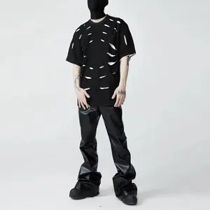 Streetwear homme personnalisé lavé en détresse col rond uni 100% coton 200 grammes double couches t-shirts