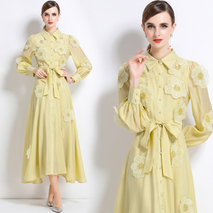 Vestido Camisero de Manga Larga <span class=keywords><strong>con</strong></span> Estampado Floral Blanco para Mujer, <span class=keywords><strong>con</strong></span> Cinturón, <span class=keywords><strong>Falda</strong></span> Larga Elegante en Línea A, Adecuado para Ocasiones Formales - Product Image 6