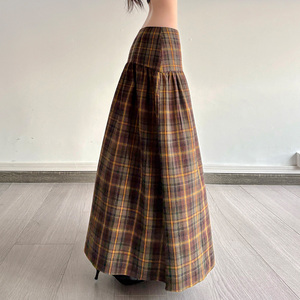 Plaid Contrast Color Cotton a Line Maxi Skirt Natural Waist Summer Casual Preppy College Style Flared Hem Breathable - Product Image 5