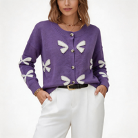 Vente en gros usine – Nouveau cardigan en maille douce unie, coupe oversize, épaules tombantes, avec patch papillon, manches longues, pour femme