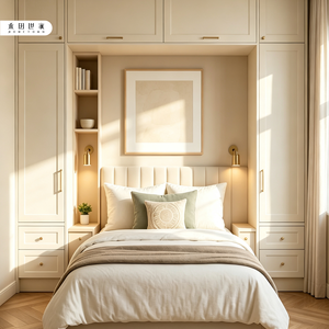 Custom All-in-one Neutral Warm <strong>Bedroom</strong> Storage Wall <strong>Unit</strong>, Floor-to-ceiling Closet with Soft Brass Pull Hardware - Product Image 1