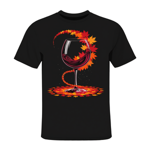T-shirt unisexe pour adultes à col rond et manches courtes avec impression numérique promotionnelle sur le thème des feuilles d'automne et des verres à vin, pour les amateurs de saison d'automne - Product Image 3