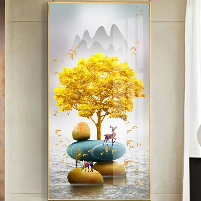Moderno árbol dorado alce aluminio marco perfil lienzo pintura decoración del hogar lujo cristal porcelana pintura