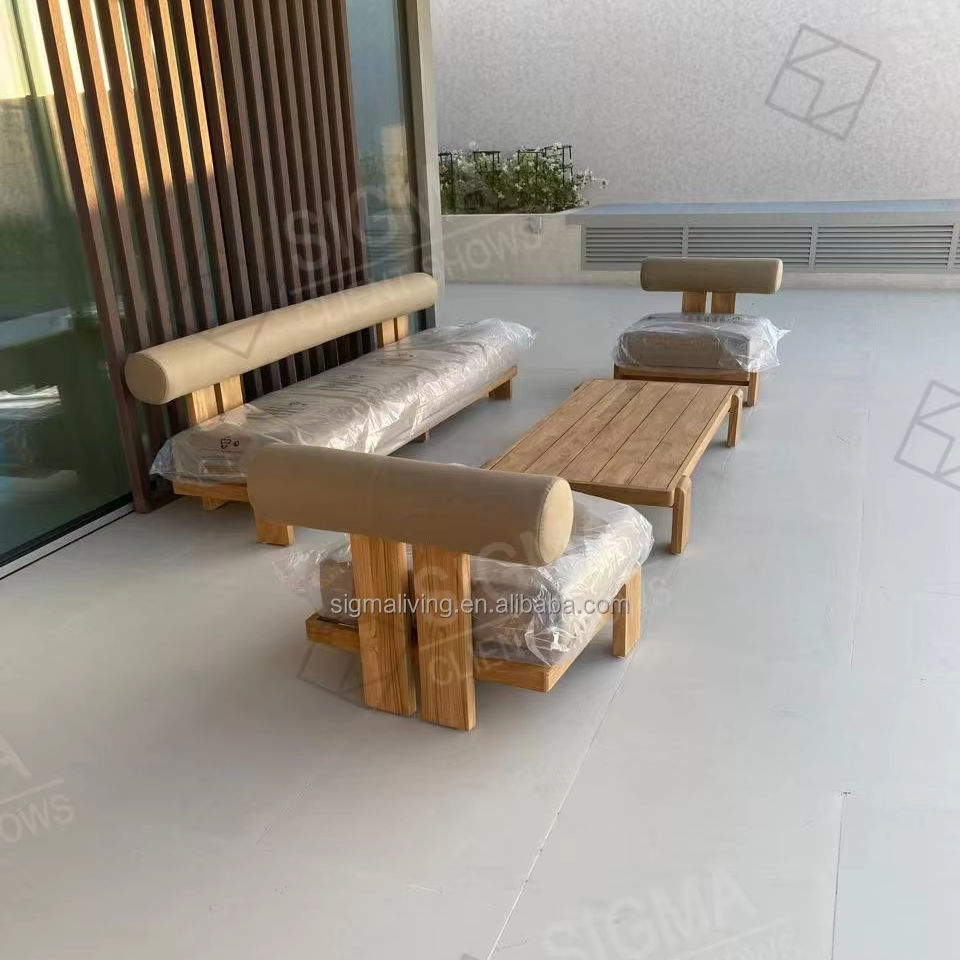 New All Weather Modern Hotel Exterior Outdoor Villa Patio Teak Solid Wood Heavy Sofa Set Furniture