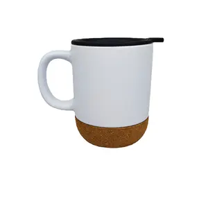 Logotipo personalizado impresso Anti Spill 14 oz Matte White Black Travel Coffee Cup tampa verde inferior caneca cerâmica com base de cortiça