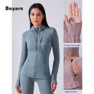 Boyarn Women Regular Fit Sportswear Fitness Blazer Lace up Sweatshirt <b>Thumb</b> <b>Hole</b> Design Zipper Pocket <b>Hoodies</b> Seamless - Product Image 6