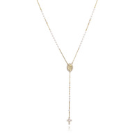 Collier chaîne en laiton plaqué or 18 carats avec pendentif croix en zircon cubique et médaille gaufrée en fausse perle en Y pour femme, bijoux vintage