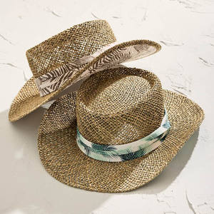 Chapeaux de paille d'été pour hommes Design personnalisé Chapeaux de bateau Casquette en gazon naturel tissée à la main - Product Image 1