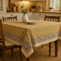 Nappe rectangulaire en coton imprimé floral jaune moutarde avec bordure décorative pour la maison