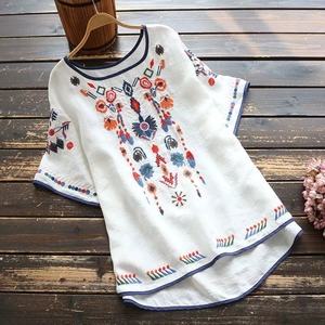 T-shirt à manches courtes pour femme, style ethnique, en coton et lin brodé, rétro, <span class=keywords><strong>littéraire</strong></span> et artistique, ample et polyvalent, pour l'été - Product Image 2