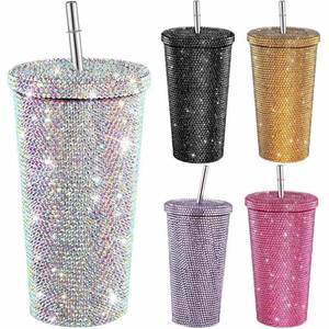 Tasse à café isotherme en acier inoxydable avec paille, incrustée de strass, motif style national tendance - Product Image 1