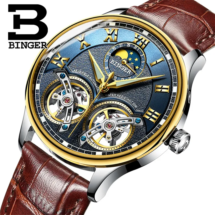 BINGER 8606B L çift Tourbillon otomatik kendinden rüzgar saatler hakiki deri mekanik lüks kol saati