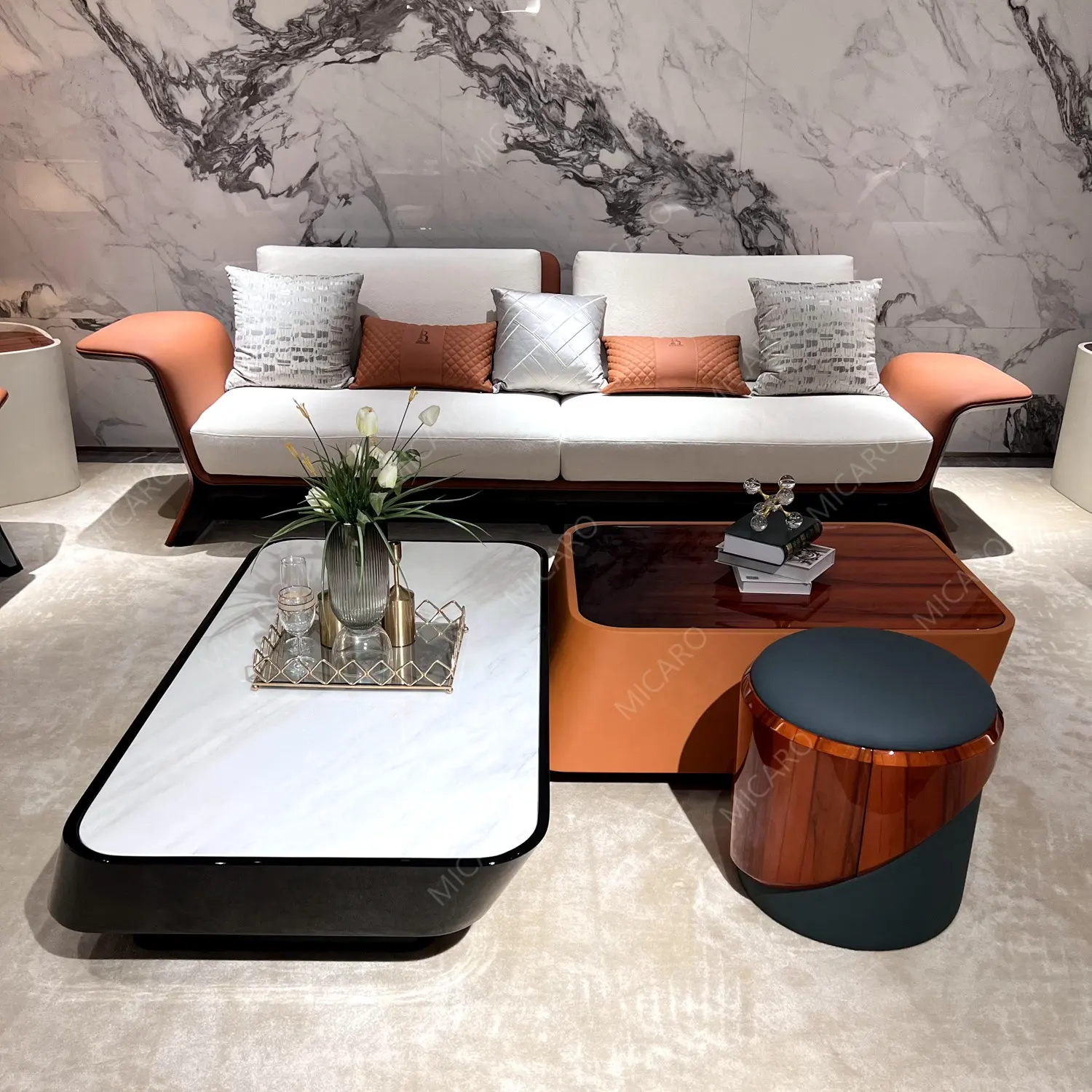 Juego de sofá de muebles de sala de estar con incrustaciones de chapa natural de cuero de madera moderno de lujo