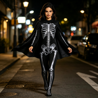 Damen Skelett-Kostüm Silberner Knochen-Print Jumpsuit mit Umhang Halloween Faschingskostüm