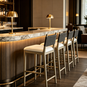 Taburete de <span class=keywords><strong>Bar</strong></span> Moderno de Madera de Roble Macizo con Respaldo Tejido, Altura de Mostrador, Cojín Tapizado, Diseño Rústico Ecológico y Duradero - Product Image 3