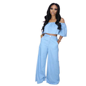 Conjunto de Dos Piezas Elegante de Moda <span class=keywords><strong>2020</strong></span> para <span class=keywords><strong>Mujer</strong></span>, Pantalones Anchos Casuales Urbanos, Mono Transpirable, <span class=keywords><strong>Ropa</strong></span> de Talla Grande, Cintura Alta - Product Image 2