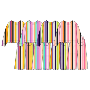 Ensemble décontracté pour filles, multi-rayures lumineuses, écologique, col rond, haut à manches courtes avec bordure festonnée, pantalon large assorti - Product Image 1