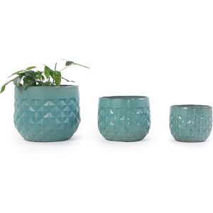 Pots de fleurs Mdj en céramique, 9, 11, 14 pouces, couleur turquoise, texture diamantée, trou de drainage, émaillés, pour usage domestique - Product Image 1