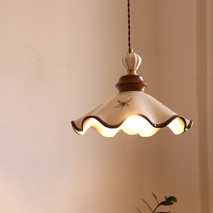 Retro Hand Painted Ceramic Pendant <b>Light</b> Cream Color With Brown Trim Single Head For Home Dining Room Bedroom Entryway - Product Image 2