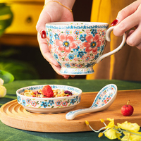 Mug de petit-déjeuner en céramique style floral glacé, tasse à eau pour couple très esthétique, tasse à café de bureau avec couvercle et cuillère