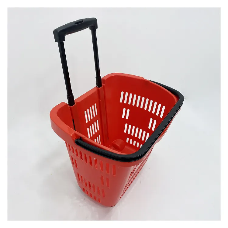 Rolling Plastic Basket Supermarket Shopping Baskets With Wheels Shopping Baskets