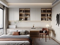 Ensemble de meubles de chambre à coucher modernes, lit sur mesure, bureau, armoire, design intégré et scheme d'agencement assorti