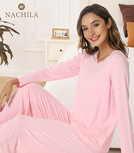 Conjunto de Pijama de 2 Piezas para Mujer, de Fibra de Bambú Rosa, Suave, de Manga Larga, Ropa de Dormir, Disponible en Stock, Estilo Casual para Primavera - Product Image 1