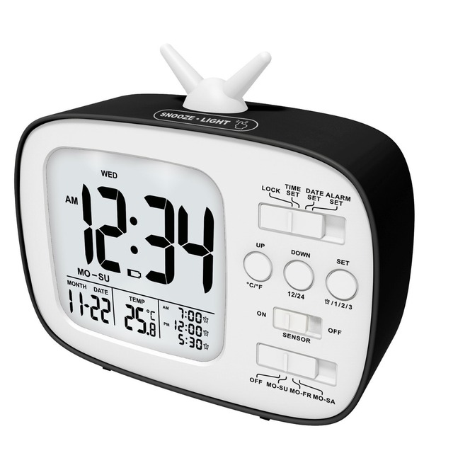 Huayang G181 Retro TV Style LCD Alarm Clock Smart Light Sensor Triple Alarm Snooze Temperature Display Vintage Desk Clock