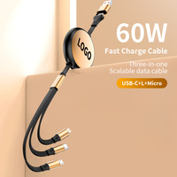 Câble de charge rapide rétractable 5 en 1 portable 60W 3A USB A vers Type C Micro USB, cordon de chargeur pratique pour les voyages