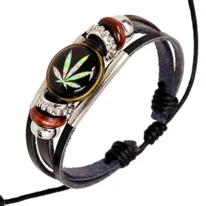 wholesale hemp leaf beaded bracelet popular ornament hand-woven Marijuana leather bracelet