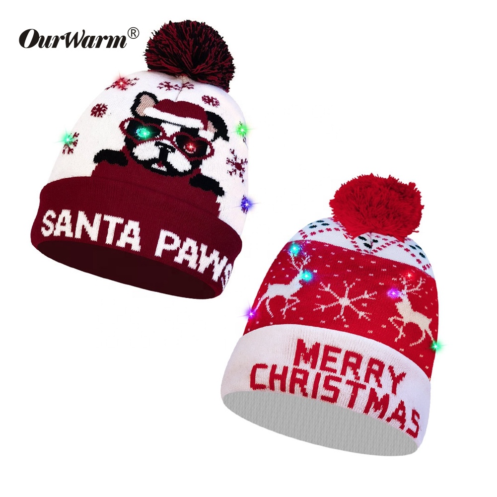 Супер популярные милые вязаные шапки ourвам, дизайнерские шапки с оленем и собакой, светодиодные рождественские шапки