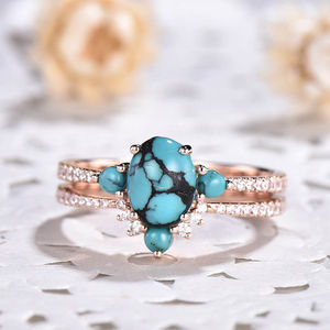 925 Sterling Silver Wholesale Rose Gold Plating Natural <b>Turquoise</b> Gemstone Jewelry <b>Ring</b> <b>Turquoise</b> Wedding <b>Ring</b> Set - Product Image 5