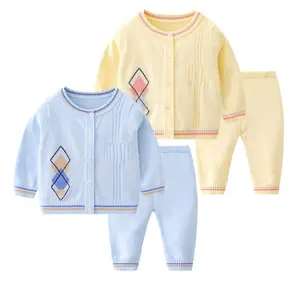 Factory wholesale custom baby sweater suit children's casual knitted suit cotton baby cardigan top pants suit