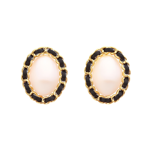 Fashion <b>Stud</b> <b>Earrings</b> 316L Stainless Steel PVD Gold Plating Oval Pearl Design <b>Black</b> Chain Frame - Product Image 2