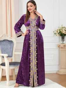Vente directe d'usine, caftan marocain orné, velours, abaya élégante et tendance, robe musulmane pour femmes, grande taille, vente en gros - Product Image 4
