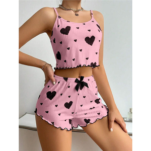 Cute Heart Print Ruffled Women <b>Pajamas</b> <b>Set</b> Bow Knot Ribbed Knit Cami Shorts Sleepwear for Daily Home Wear - Product Image 4