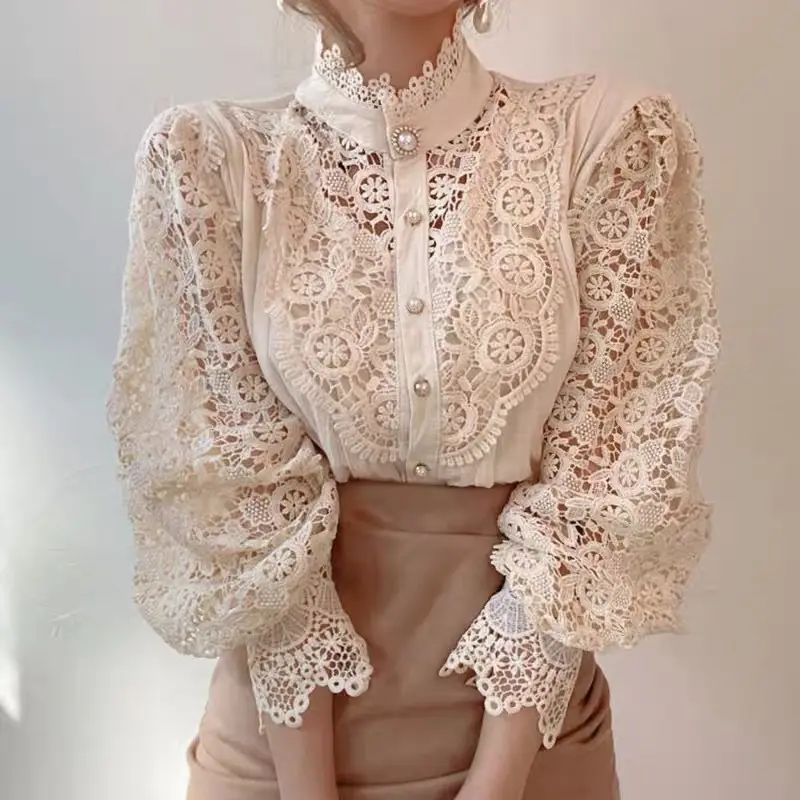 2022 Women Lace Shirts Solid Color Long Sleeve French Stand Collar Button Hollow Out Flowers Patchwork Lady Tops Casual Shirt