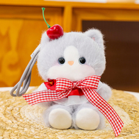Porte-clés chat en peluche, fabricant de porte-clés chat mignon Kawaii, chaton avec nœud en tissu gingham cerise, poupée chat en peluche, cadeau pour enfants