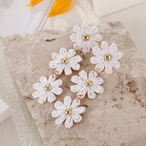 Raffia Daisy Drop Earrings | Stainless Steel 18K PVD Gold Plated Boho <b>Braided</b> Tiered Flower Design Zircon | Waterproof Tarnish - Product Image 3