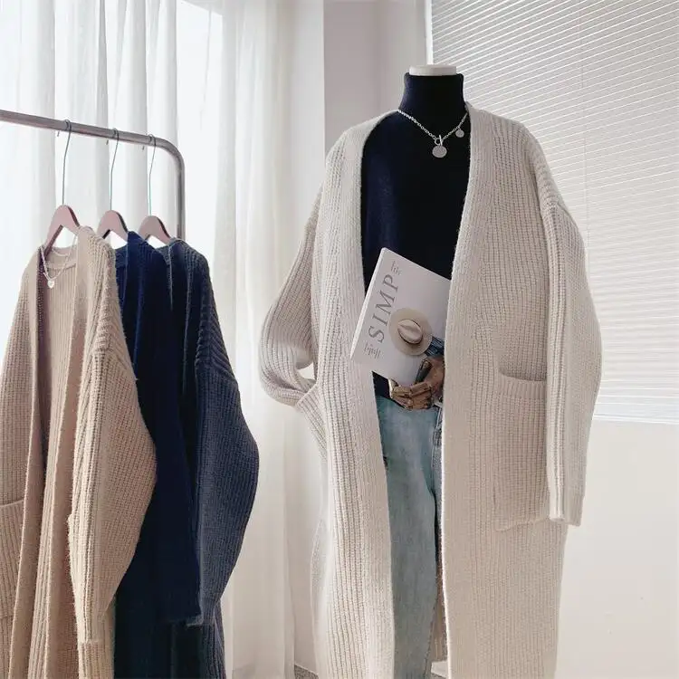 Customized autumn women's thick knitted sweater cardigan OEM factory long-sleeved loose large size casual long basic sweater